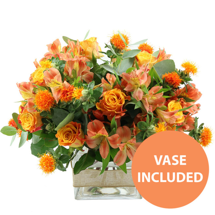 The photograph showcases a vibrant, warm-hued bouquet set sharply against a clean white background, allowing its colours and textures to take centre stage. Dominating the arrangement are generous orange roses, each bloom composed of velvety petals that transition gently toward yellow near the centre, creating a soft, glowing depth that suggests comfort and celebration. Nestled among these are bright yellow garden roses, their compact, multi-layered petals forming rounded rosettes that provide a classic, structured contrast to the more open orange blooms. Interlaced throughout the bouquet are sprays of peach and soft orange alstroemeria, or Peruvian lilies, with slender petals lightly marked by stripes and speckles that give a sense of delicate detail and movement. To add striking texture and a touch of modern flair, small spherical orange flower heads with a spiky, thistle-like appearance, reminiscent of safflower, are placed strategically around the design, standing out like tiny bursts of energy. Surrounding this warm heart of flowers is an abundant selection of greenery: broad, cool-toned eucalyptus leaves with their characteristic silvery sheen, along with darker green foliage that frames the brighter petals and lends depth to the overall form. All the stems are gathered neatly into a clear, square glass vase, the transparent sides revealing the criss-cross of stems and the clean water within, conveying freshness and professional care. Around the middle of the vase, a smooth band of natural beige burlap or jute is wrapped, adding a tactile, rustic element that would suit a dining table near Archway Road or a windowsill overlooking Highgate Hill. The image is evenly lit, ensuring that the rich oranges, sunny yellows, and cool greens appear true and inviting. In the bottom right, a bold circular orange graphic with white capital text states VASE INCLUDED, signalling that this joyful arrangement is supplied as a complete, ready-to-display floral gift, perfect for birthdays, thank you gestures, or brightening everyday life in Archway.