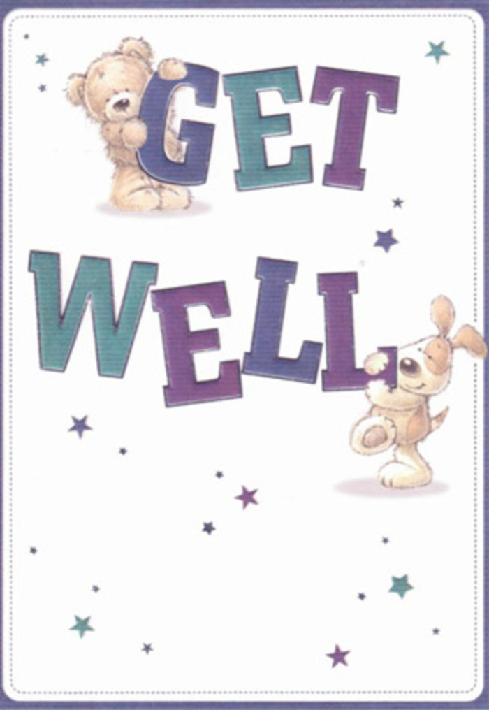 A celebration of gentle reassurance and hope, this get well card would feel at home among the cozy cafés and gardens that grace Archway's lanes. It features a plush bear and a floppy-eared puppy, both illustrated with rounded forms and a delightful tactility-the bear's fur reminiscent of the velvety petals in a summer bouquet arranged on Elthorne Road, the puppy's ears echoing the touchable softness of lamb's ear foliage. Playful stars in lilac and cobalt dance above a cloud-like white background, scattering wishes of quick recovery and happiness. The large, inviting letters shaded in purples and aquas anchor the design, projecting cheerful certainty, much like familiar greetings shared in Archway's local markets. Every detail, from the twinkle in the puppy's eye to the subtle variation in the stars' hues, suggests genuine warmth and care. This card, brimming with lightness and crafted thoughtfulness, feels perfect for lifting a friend's spirits-whether tucked inside a fresh arrangement from Archway Flowers or sent across the community as a standalone gesture of heartfelt support.
